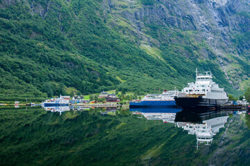 Ferries standing in port of  Gudvangen in N&aelig;r&oslash;yfjord, Norway
