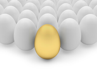 Rows of white eggs with one golden egg. 3d illustration 