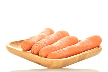 Several fresh organic, unpeeled carrots on a bamboo plate, close-up, isolated on white.