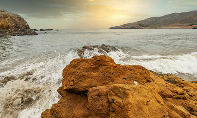 Rock formations against the backdrop of the ocean in the San Francisco Recreation Area, Rodeo Beach, California, USA. Seaside, beautiful landscape, California coast.