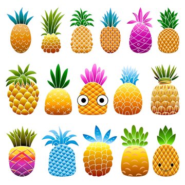 Pineapple icons set. Cartoon set of pineapple vector icons for web design