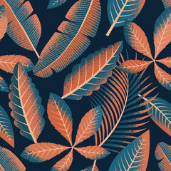 Tropical leaves seamless pattern on dark background. Elegant exotic background.