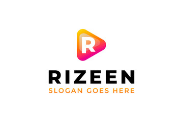 Play Button and Letter R logo template.Glossy button logo design.