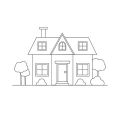 Vector cute outline house illustration for coloring pages. Monochrome house graphic illustration