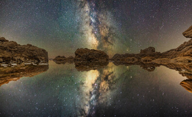 Beautiful seascape, ocean views, rocky coastline, starry sky on the horizon. Composition of nature. Sunset scenery background. Reflection of water. California coast.