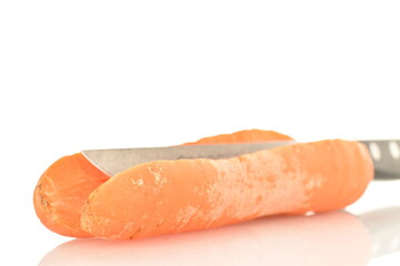 One ripe organic, unpeeled carrot cut in half with a metal knife, close-up, isolated on white.