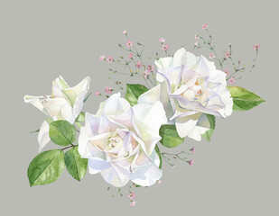 Watercolor bouquet of white roses and pink flowers on a white background 
