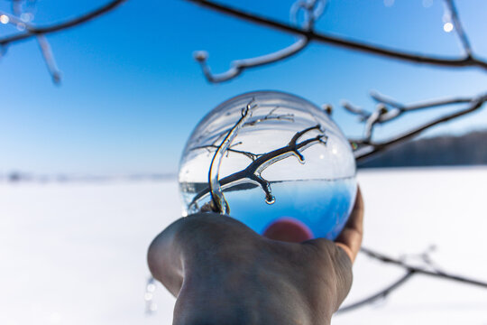 Glaskugel im Winter mit eingefrorenen Ästen Eis ummantelt 