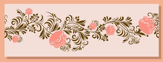 Spring trend pattern. Seamless border for printing on fabric and textile design. Fashionable print for paper in ethnic style. Vector illustration. Pink color