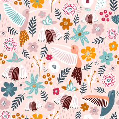 Seamless pattern with cute colibri birds and flowers . Creative blooming texture. Great for fabric, textile Vector Illustration