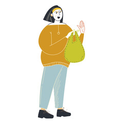 Girl with a reusable shopping bag. Vector illustration in flat minimal style. Vector illustration in flat minimalistic style.