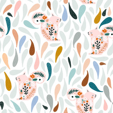 Seamless pattern with cute floral squirrels. Creative blooming texture. Great for fabric, textile Vector Illustration