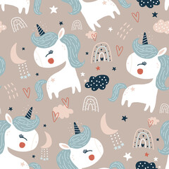 Seamless childish pattern with cute unicorns, rainbows, hearts. Creative kids hand drawn pink texture for fabric, wrapping, textile, wallpaper, apparel. Vector illustration © solodkayamari