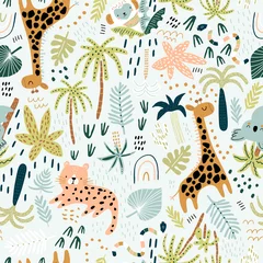 Tapeten Seamless jungle pattern with cute hand drawn animals and tropical elements. Creative kids design for fabric, wrapping, textile, wallpaper, apparel. Vector illustration © solodkayamari
