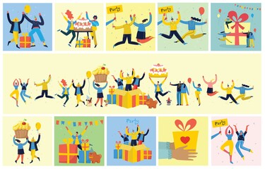 Fototapeta na wymiar Party background. Happy group of people jumping on a bright background. The concept of friendship, healthy lifestyle, success. Vector illustration