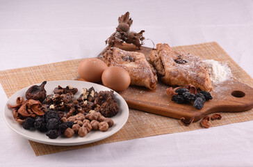 baklava with eggs, dried fruits and nuts
