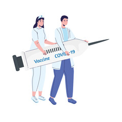 doctors couple lifting syringe with covid19 vaccine medical icon vector illustration design