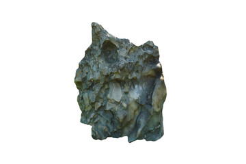Strange shaped black conglomerate rock stone isolated on white background.  A big rock stone for garden decoration.
