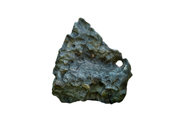 Obraz premium Strange shaped black conglomerate rock stone isolated on white background. A big rock stone for garden decoration.
