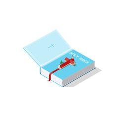 Vector illustration of opened holy bible with a church shaped like a cross.Isometric view.Religious background.