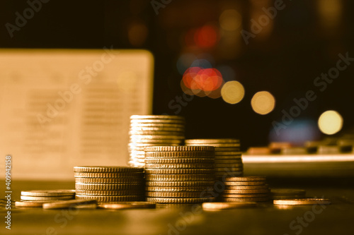 Stacks Of Gold Money Coin On Black Background Business And Saving Money Concept Wall Mural Tendo23