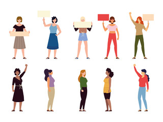 diverse cartoon women standing together and holding a placard
