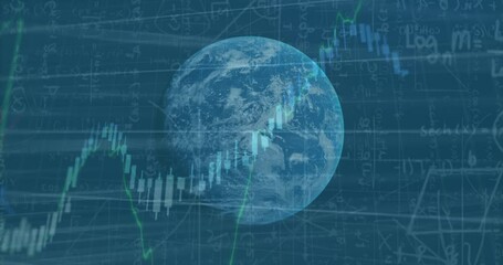 Animation of financial data processing over globe spinning and mathematical formulae - Powered by Adobe