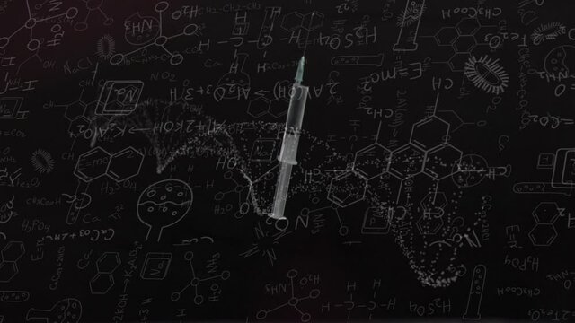 Animation of chemistry data and drawings over syringe with liquid dropping