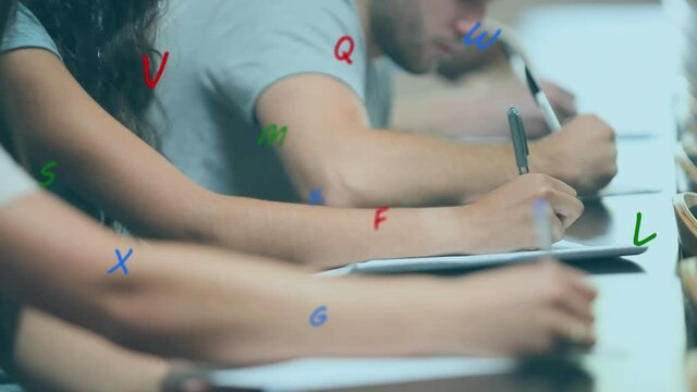 Digital composition of multiple alphabets floating against group of college students studying in cla