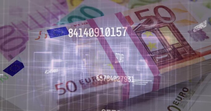 Digital composition of multiple changing numbers and light trails moving against euro bills in backg