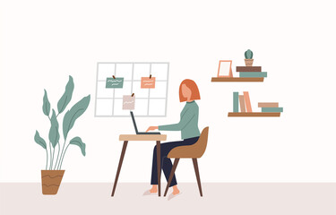 Woman with laptop sitting at home interior, freelancer. Flat design illustration. Vector