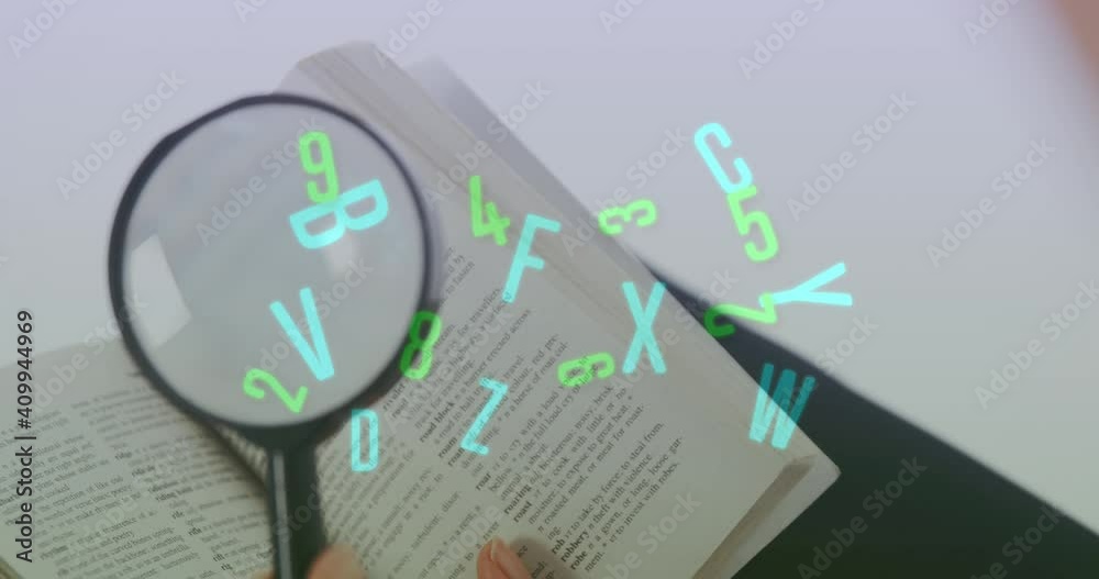 Poster digital composition of multiple changing numbers and alphabets against magnifying glass on open book