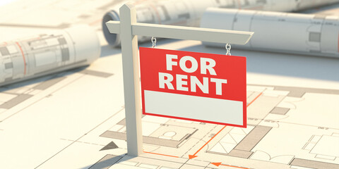 For rent sign on building drawings background. Real estate concept, 3d illustration