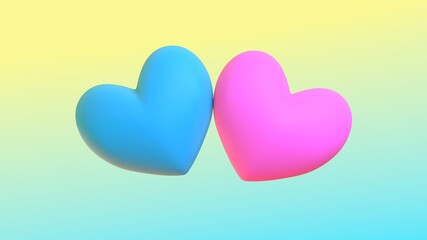 two cute colorful 3d love hearts side by side, together.