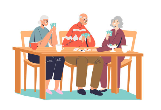 Group Of Happy Senior People Playing Cards. Older Friends Gathering With Board Games