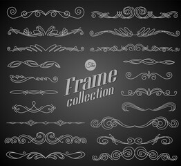 Calligraphic design elements on chalkboard background. Elegant collection of hand drawn swirls for your design. Page decorations. Swirl, scroll and flourishes dividers. Set of text delimiters