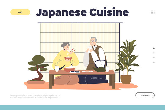 Japanese cuisine concept of landing page with senior couple eating traditional asian food