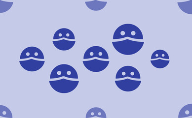 Seamless pattern of large isolated blue masked face symbols. The pattern is divided by a line of elements of lighter tones. Vector illustration on light blue background