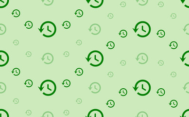 Seamless pattern of large and small green time back symbols. The elements are arranged in a wavy. Vector illustration on light green background