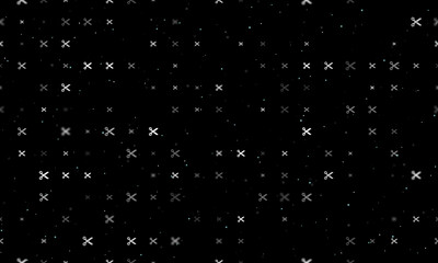 Seamless background pattern of evenly spaced white scissors symbols of different sizes and opacity. Vector illustration on black background with stars
