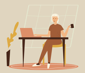 Woman with laptop sitting at home interior, freelancer. Flat design illustration. Vector