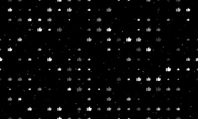 Seamless background pattern of evenly spaced white thumb up symbols of different sizes and opacity. Vector illustration on black background with stars