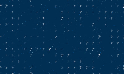 Seamless background pattern of evenly spaced white pickaxe symbols of different sizes and opacity. Vector illustration on dark blue background with stars