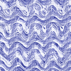 Denim blue white wave stripe linen texture. Seamless textile effect background. Weathered indigo dye pattern. Coastal cottage beach home decor. Rustic washed out wavy striped fabric material tile.
