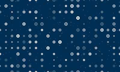 Seamless background pattern of evenly spaced white play symbols of different sizes and opacity. Vector illustration on dark blue background with stars