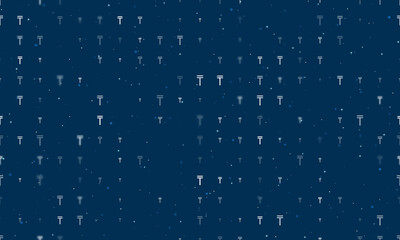 Seamless background pattern of evenly spaced white tenge symbols of different sizes and opacity. Vector illustration on dark blue background with stars