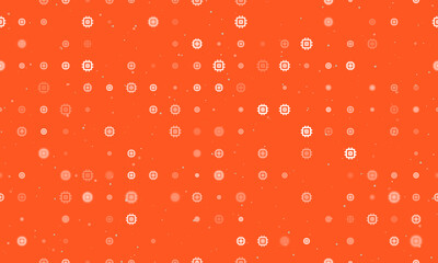 Seamless background pattern of evenly spaced white chip symbols of different sizes and opacity. Vector illustration on deep orange background with stars