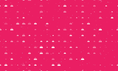 Seamless background pattern of evenly spaced white sports bag symbols of different sizes and opacity. Vector illustration on pink background with stars