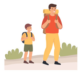 Father and son on a hike in forest. Flat design illustration. Vector