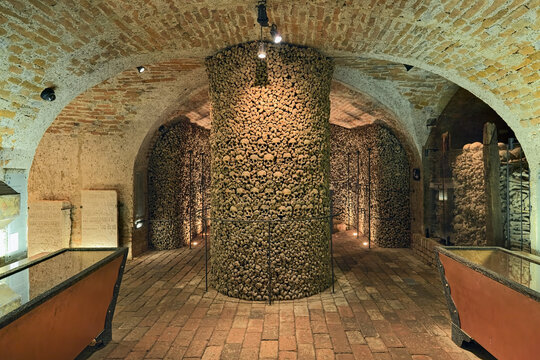 Interior of the underground ossuary under the Church of St. James in Brno, Czech Republic. The ossuary holds the remains of over 50 thousand people which makes it the second-largest ossuary in Europe.